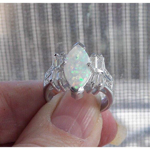 925 STERLING SILVER Marquise Lab Created White Fire Opal & CZ Ring - Picture 8 of 14